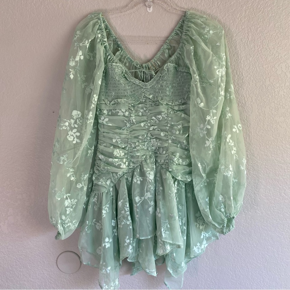 For Love & Lemons Breanne Ruched Tiered Sheer Long Puff Sleeve Mini Dress